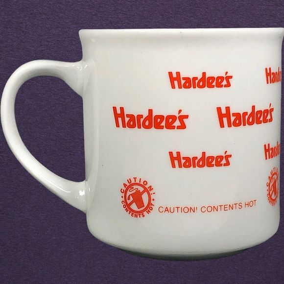 Set of 2 Hardees Caution! Contents Hot Coffee Cup Mug White Orange - Picture 4 of 12